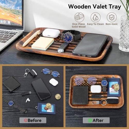 American Flag Serving Acacia Wood Valet Tray for Men Women Catch All Acacia Wooden Tray, Mens Key Tray, 4th of July Decorative Tray, Nightstand Tray Dump Tray EDC Tray for Phone Watch Wallet Jewelry