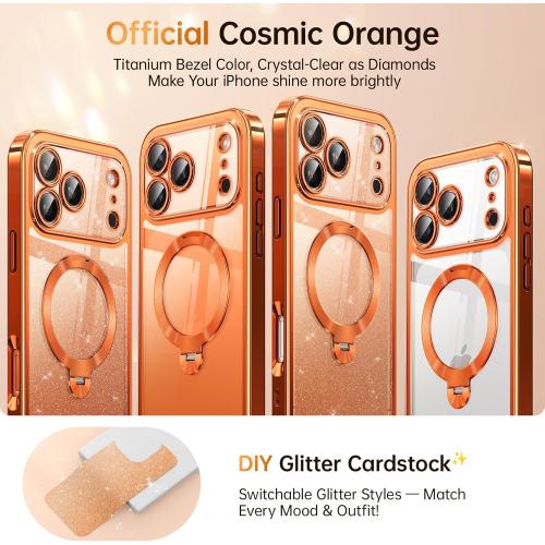 Offical Cosmic Orange for iPhone 17 Pro Max Case with 360 Spin Stand [DIY Glitter Cardstock] [Fit for MagSafe] 16FT Mil-Protection Polished for iPhone 17 Pro Max Case with Stand 6.9'', Cosmic Orange
