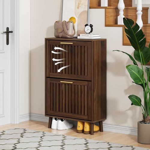 Shoe Cabinet, Shoe Storage Cabinet with Louvered 2 Flip Drawers, Narrow Shoe Cabinet Storage for Entryway, Freestanding Shoe Organizer Cabinet with Golden Handles, Slim Shoe Rack Cabinet (Walnut)