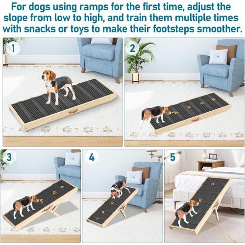 Tresbro Dog Ramp for Bed, 4 Level Adjustable 14.56'' to 24'' Dog Ramps with Anti-Slip Carpet & Carrying Handle, Portable Dog Ramp Supports up to 200LBS for Small Medium Large Dogs to Get on Bed, Couch