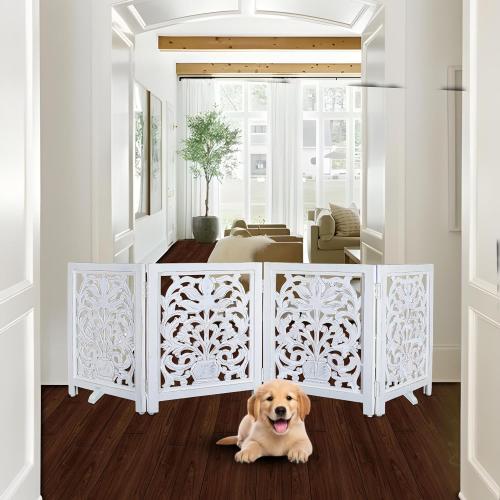 Goroly Home Foldable Carved Wooden Dog Gate with Stopper - Freestanding Indoor Pet Barrier for Home, Adjustable Dog Fence for Stairs, Doorways & Hallways - 24x18 Inch Antique White (4 Panels)
