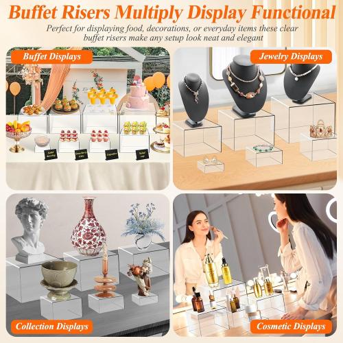 8 Pcs Clear Acrylic Buffet Risers with Mini Sign and Maker,Buffet Risers and Stands Clear Food Display Risers for Buffet Table Party Catering Dessert Cupcake Collectibles (8 7 6 5 5 4 4 3)