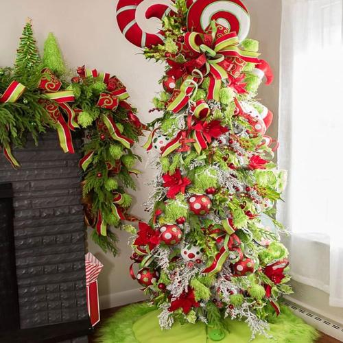 Bendable Christmas Tree Whimsical Christmas Pre-Lit Lime Green Stole Bent Top Artificial Xmas Tree Decorations with LED Lights Ornament Bag(7.5ft)