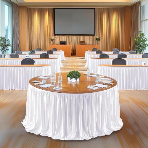 Wish Care 9ft Long White Table Skirt for Rectangle Tables Decorations - Wrinkle Resistant Polyester Pleated Table Skirting Desk Skirt for Office Baby Shower Birthday Party Wedding Banquet