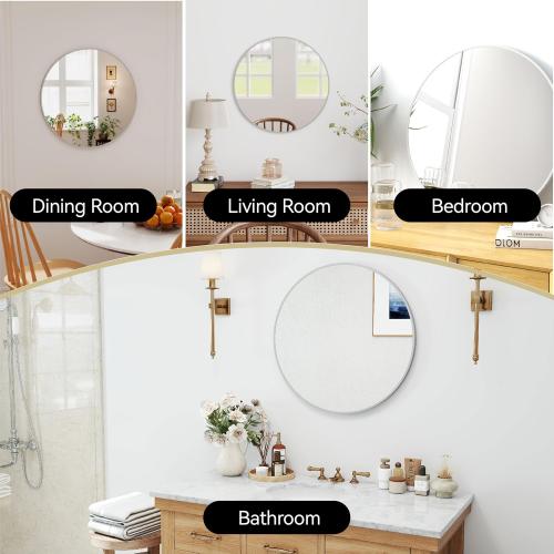 SCWF-GZ 24 Round Mirror Circle Wall Mounted Hanging or Against Wall Aluminum Alloy Metal Frame Dressing Make-up Mirrors for Entryway Bedroom Bathroom Living Room 24 inch Silver