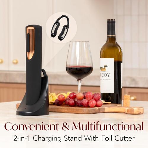 Rechargeable Electric Wine Bottle Opener - Charging Base and Foil Cutter Included with Automatic Wine Opener - Electric Corkscrew for Easy Cork Removal - Best Gift for Wine Lover (Black & Rose Gold)