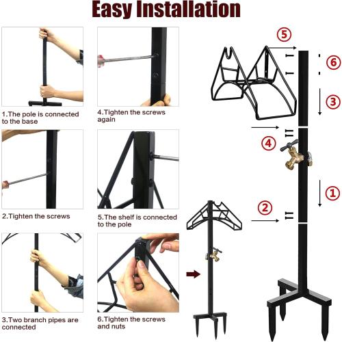 Freestanding Outdoor Garden Hose Holder Stand with Brass Faucet, Heavy Duty Metal Water Hose Reel Storage Stake Rack for Backyard, Black (Hose not Included)