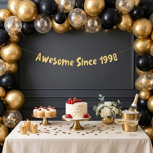 Pre-Strung Awesome Since 1998 Gold Glitter Banner - Funny 28th Birthday and Anniversary Decorations for Men and Women - Party Supplies and Gifts