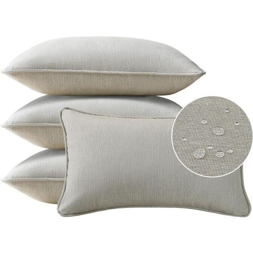 WHITE Sunbrella Decorative Outdoor Water Repellent Throw Pillows with Inserts, Set of 4, 20 x12 Pillows for Patio, Backyard, Bed, Couch, and Patio Furniture, Specrtum Pebble