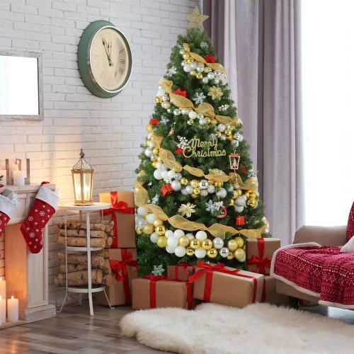 6ft Christmas Tree Green Premium Hinged Spruce Holiday Artificial Tree, Un-lit Automatic Open Easy Assembly & Party Decoration, Foldable Metal Stand