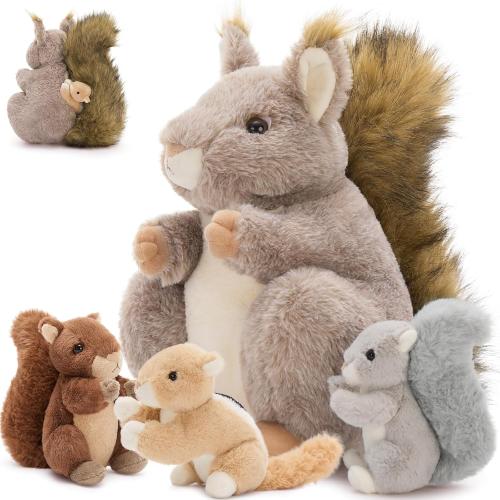 MaoGoLan 4Pcs Squirrels Stuffed Animal, Realistic Squirrel Plush Toys with 3 Baby Squirrels for Small Hand, Adorable Stuffed Squirrels Gift for Forest Animal Lover,Girls,Boys,Kids,Baby Shower