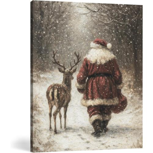 FGFK Vintage Christmas Reindeer and Santa Wall Art Decor Framed, Holiday Winter Christmas Decor, Rustic Xmas Snowy Forest Canvas Prints Poster Wall Decorations for Home Bedroom Living Room, 8x10 Inch