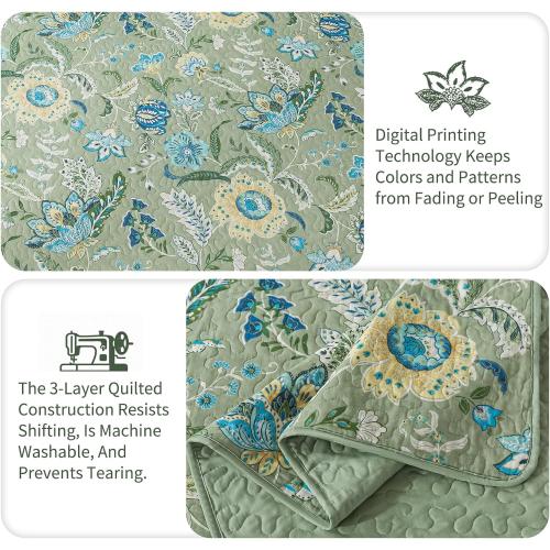 TWINRUN King Size Cotton Quilt Set | Vintage Sage Green/Dusty Blue Bedspread with Botanica (98x106 Inch   2 Pillowcases) | Lightweight Farmhouse Bedding for Coastal & Boho Bedrooms for All Seasons