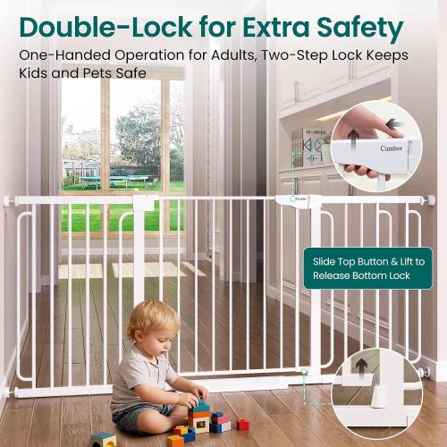 Cumbor Extra Wide Baby Gate, 36.6-69 Walk-Through Dog Gate for Stairs, Doorways & Hallways, 30.5“ Tall, Auto-Close & Dual-Swing Safety Child Gate Indoor, Easy Install Pressure-Mounted Pet Gate, White