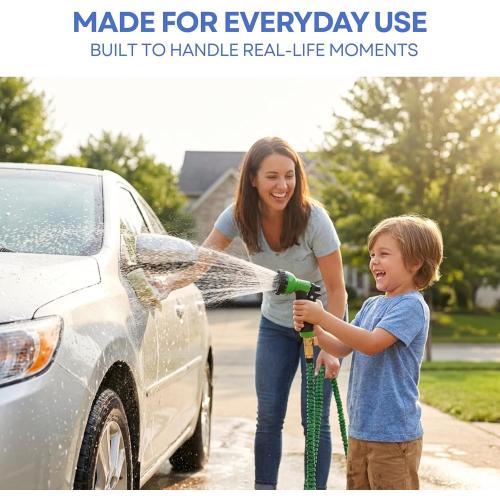 J&B XpandaHose 100ft Expandable Garden Hose, Lightweight, Brass Connectors | Ultra Strong 3750D fabric, 4-layer latex core, expands 3X, kink & leak-resistant, 10-pattern nozzle, storage bag