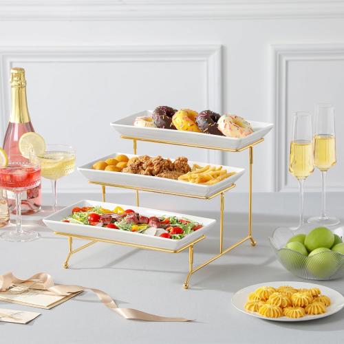 MALACASA 3 Tier Serving Trays for Party, 12 Inch Porcelain White Trays for Serving Food, Dessert Stand with Collapsible Gold Metal Rack