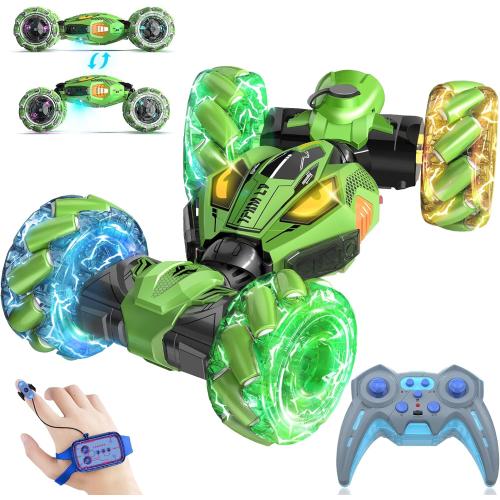 Gesture Sensing RC Stunt Cars - Toys for Boys Girls 6-12 | Best Gifts for Kids 6-12 Years Old | 4WD 360° Rotating Remote Control Transform Car | All-Terrain Off Road Vehicle with Lights Music Green