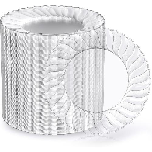 FOCUSLINE 100 Count 6 Inch Clear Plastic Plates, Disposable Heavy Duty Salad Dessert Plates- Premium Hard Plastic Plate Fancy Disposable Clear Plate for Weddings, Parties and Events