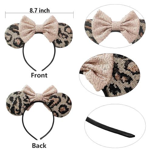 Bows Mouse Ears Headband - 2 Pcs Cute Sequin Headband for Women, Suitable for Halloween Variety Holiday Party Favors and Cosplay Role Play(Rose Gold and Leopard Print)