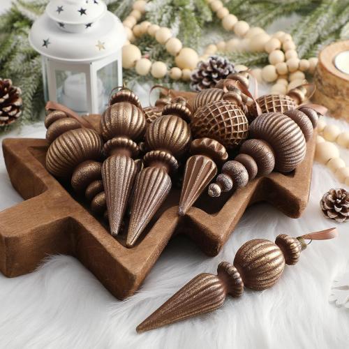 Yunlly 9 Pcs Neutral Christmas Ornaments Textured Christmas Tree Decor with Hanging Loop Modern Brown Hanging Finial Ornaments Shatterproof Home Decor for Xmas Vintage Rustic Farmhouse (Retro Color)