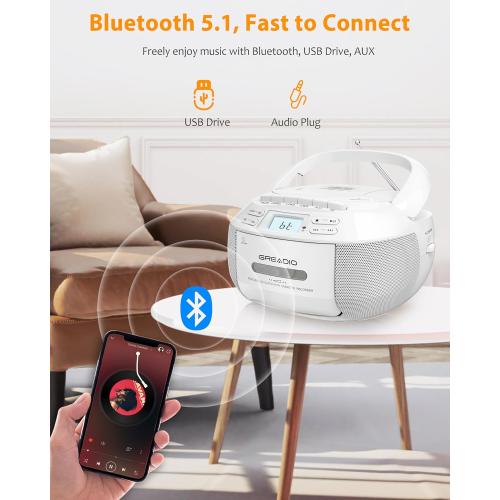 Greadio CD Player Boombox Cassette Player Combo with Bluetooth,AM/FM Radio,Stereo Sound with Remote Control,AUX/USB Drive,Tape Recording,AC/DC Powered,Headphone Jack,LCD Display for Home,Kids,Gift