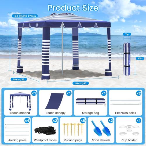 MoKo Beach Cabana,120 Sq. Ft. Large Beach Canopy Tent Sun Shade, UPF 50  Protection Easy Setup Beach Tent, Adjustable Height Wind Resistant Cabana Sun Shelter for Whole Family, Navy Stripes