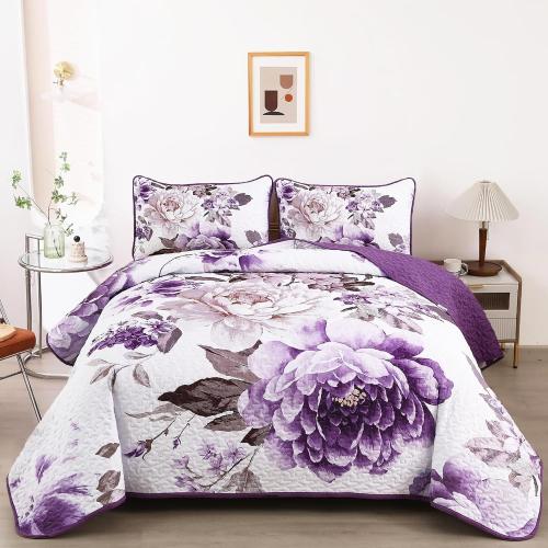 WONGS BEDDING Purple Floral Quilt Set King,3 Pieces Reversible Lightweight Printed Bedspread Coverlet Set for All Season Soft Microfiber Botanical Bedding Set with 2 Pillow Shams