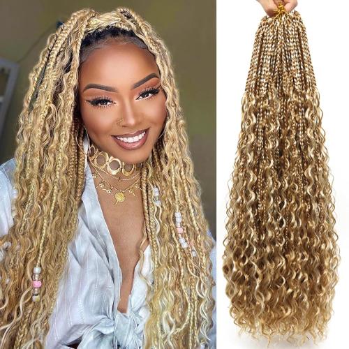 Eeanno Goddess Box Braids Crochet Hair Boho Crochet Hair for Women Pre Looped Crochet Box Braids with Curly Ends, P27/613, 24 Inch