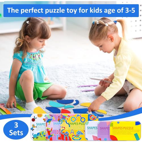 Libima 108 Pcs Open Ended Wooden Shape Puzzles with 180 Pcs Pattern Cards, Wooden Montessori Jigsaw Puzzles Toddlers 3  Years Old STEM Travel Games for Kids Preschool Education Activity Blocks