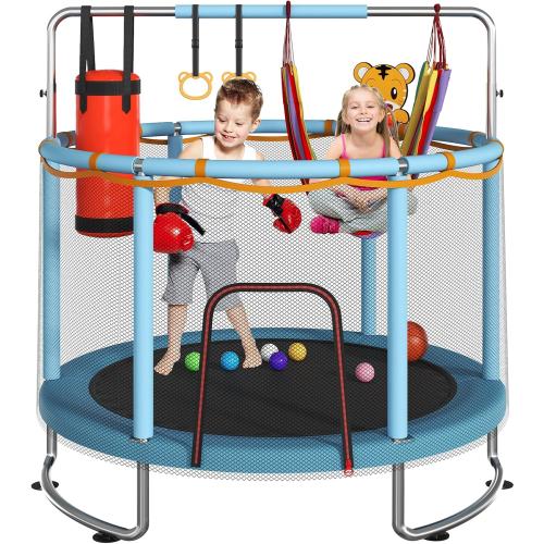 Trampoline for Kids, Upgrade Full Anti-Rust 440lbsToddler Trampoline with Net,Upgraded Ring Legs with Adjustable Gymnastics Bar&Toys, Gifts for Ages 1-8 Boys&Girls
