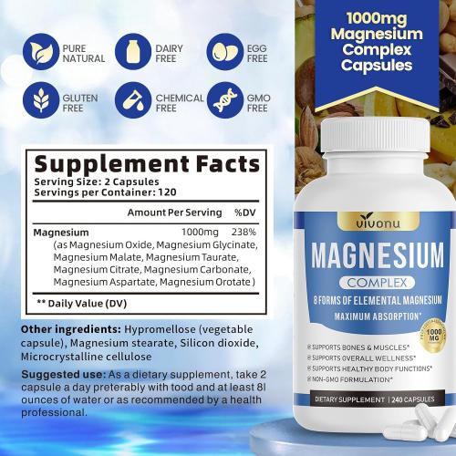 1000mg Magnesium Complex for Women and Men, Magnesium Glycinate, Citrate, Malate, Taurate, Oxide, Carbonate, Aspartate, Orotate, 8-in-1 Magnesium Supplement - Non GMO 240 Capsules