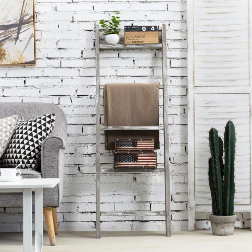MyGift Large Whitewashed Wood Ladder Blanket Ladder, Farmhouse Style Wall Leaning Towel Rack with 5 Rungs (Graywashed)