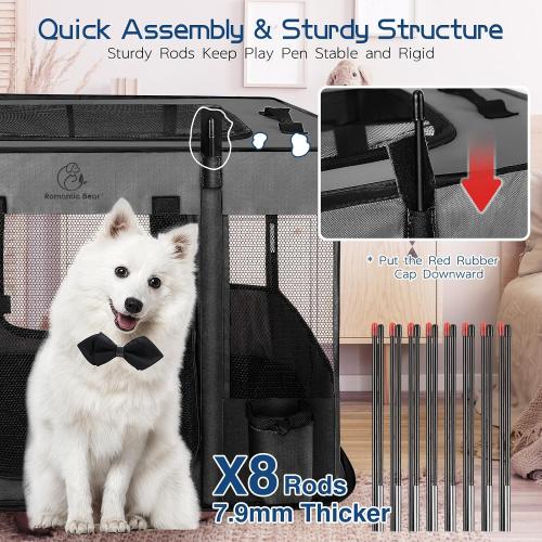 ROMANTIC BEAR Dog Playpen,Foldable Pet Puppy Cat Playpen,M(32x24x22) | Dog Crate with Upgrade Breathable Mesh and Durable 600D Oxford Cloth,Sturdy Dog Cage Indoor & Outdoor for Small Animals,Grey