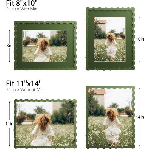 11x14 Picture Frame with Mat for 8x10, Wavy Edge Wooden Real Glass Photo Frame for Wall Hanging, Green, 2 Pack
