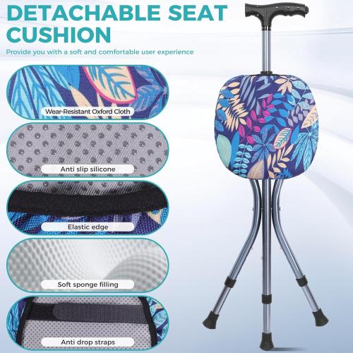 ENLUNTRA Portable Adjustable Folding Walking Cane with Seat and Cushion，Cane seat for Seniors with Magnetic Massage Handle, Lightweight Walking Cane with LED Light，Supports up to 330 Pounds
