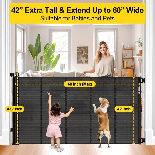 Reinforced 42” Extra Tall Retractable Baby Gates with Rods, Extends up to 60” Wide, Tall Retractable Dog Gate for Doorways Prevent Crawling Through Mesh Pet Gate Indoor Outdoor, Black