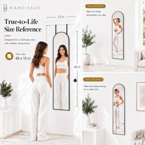 NARCISSUS Over the Door Full Length Mirror 47x14 Inch, Wall Mounted Dressing Mirror, Door Hanging Full Body Mirror HD Reflection Glass for Bedroom, Aluminum Alloy Frame Black