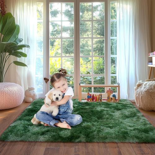 Tie-Dyed Green Fluffy Rug for Bedroom 5x7 ft - Ultra Soft & Non Slip Shaggy Area Rug, Comfy Durable Carpet for Living Room Kids Room Teens Dorm Home Decor, 1.7'' Thick Indoor Plush Carpets