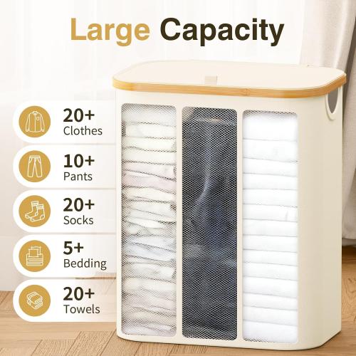 Hampers for Laundry Basket with Lid, 160L Extra Large Laundry Hamper 3 Section Dirty Clothes Hampers for Laundry Divided Laundry Basket Organizer for Bedroom,Laundry Room, Dirty Clothing Hamper, Beige