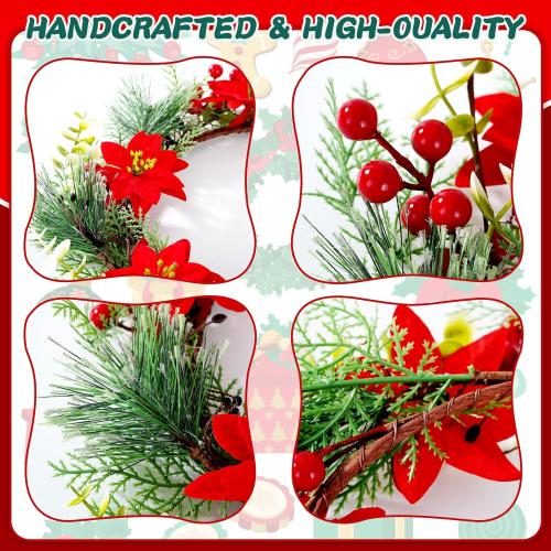 14 Inch Christmas Wreath Poinsettias Artificial Flowers Wreath for Front Door Home Wall Window Christmas Winter Holiday Decoration