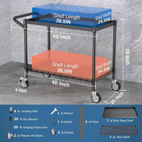 Leteuke 2 Tier Utility Cart with Wheels, NSF Certified 900LBS Capacity Heavy Duty Rolling Utility Carts with Handle Bar, Commercial Grade Metal Serving Storage Cart for Warehouse Garage Kitchen, Black