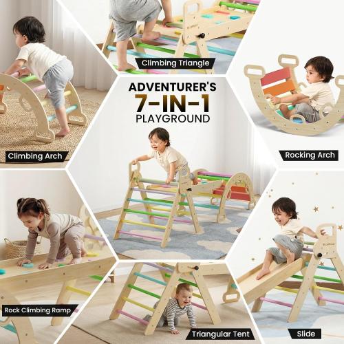 ‼️could have missing items ‼️Pikler Triangle Set with Safe Handle, Climbing Toys for 1-3 Year | Patented Safety Design, Foldable 7-in-1, with Wooden Car, Standard Size, Indoor Montessori Gift for First Birthday, Colorful