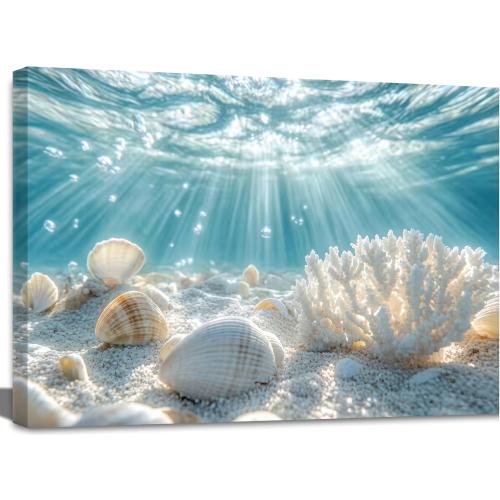 libitea Framed Coastal Canvas Wall Art - Coastal Ocean Relaxation Wall Decor Underwater Sunbeam Seashell Poster Printing Artwork for Bathroom Bedroom Living Room