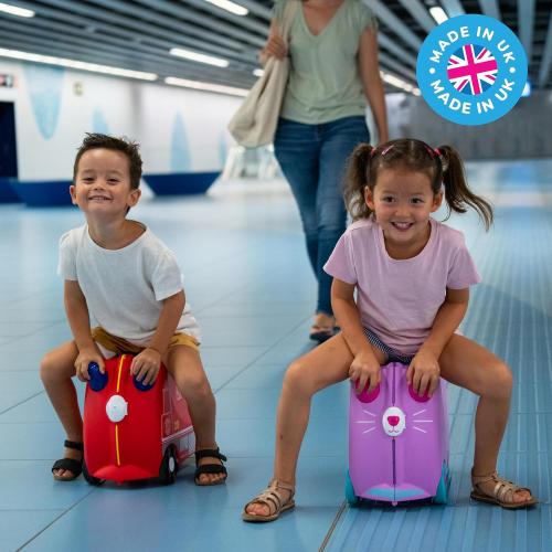 Trunki Ride-On Kids Suitcase | Tow-Along Toddler Luggage | Carry-On Cute Bag with Wheels | Kids Luggage and Airplane Travel Essentials: Frank Fire Truck Red