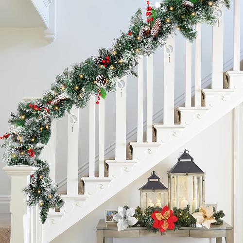 9ft Flocked Pre-Lit Artificial Christmas Garland,Christmas Tree Garland,Flocked Xma Tree Garland with Lights, Pine Cones, Red Berries, Branch Tips,Berry Clusters, Plug in