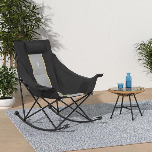 Dowinx Oversized Rocking Camping Chair, Fully Padded Patio Chair with Side Pocket and Carry Bag, High Back Portable Lawn Recliner with Headrest, Support 300 lbs, Black