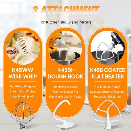 Funmit Mixers Accessories K45WW Wire Whip K45DH Dough Hook K45B Coated Flat Blade Paddle with Scraper Replacement for Kitchen Tilt-Head Aid Stand Mixer Attachments- Stainless Steel