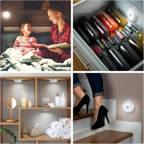 BLS Motion Sensor Light Indoor, Wireless LED Night Light, Under Cabinet Lighting, Battery Powered Puck Lights for Closet, Kitchen, Stairs, Wall, AA Battery Operated, Stick on, Dimmable, White, 6 Pack