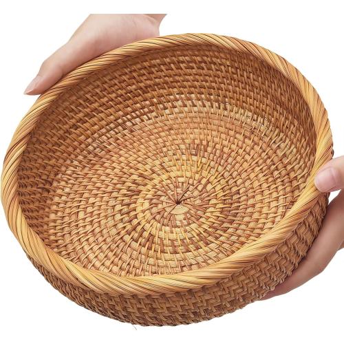 9.2 Medium Round Rattan Wicker Bread Basket, Natural Fruit Basket for Kitchen Counter, Hand Woven Food Baskets, Artisanal Bread Baskets for Serving, Fruit, Vegetable, Snack, key, Etc.