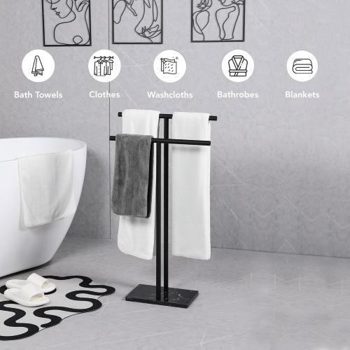 Free Standing Towel Rack for Bathroom - Matte Black Finish - Stand Alone 2 Tier Stainless Steel Towel Rack for Bathroom Floor with Heavy Marble Base - Double T Shape Drying Stand for Towels